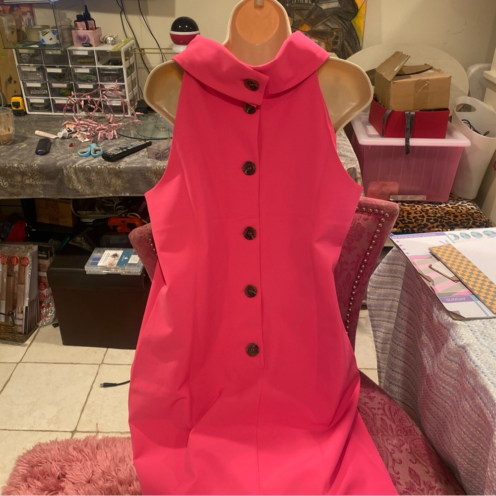 STS Sail To Sable Dress Large Bubblegum Pink Cowl Neck Button Back Barbie Style